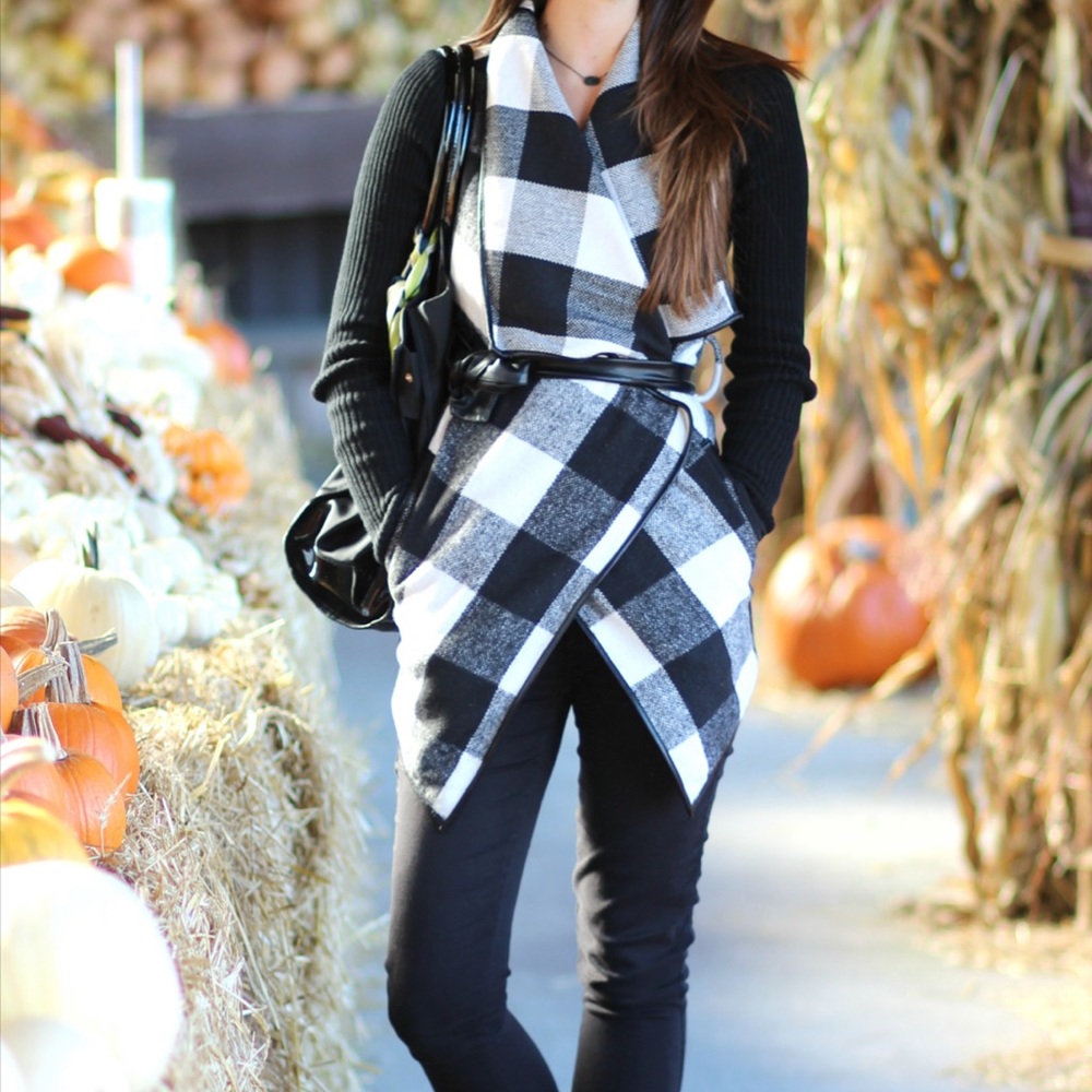 SheIn Black & White Plaid Wrap Coat